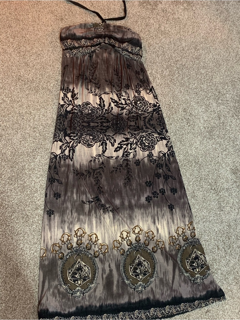 Strapless Floral Ombre Maxi Dress in Taupe and Black